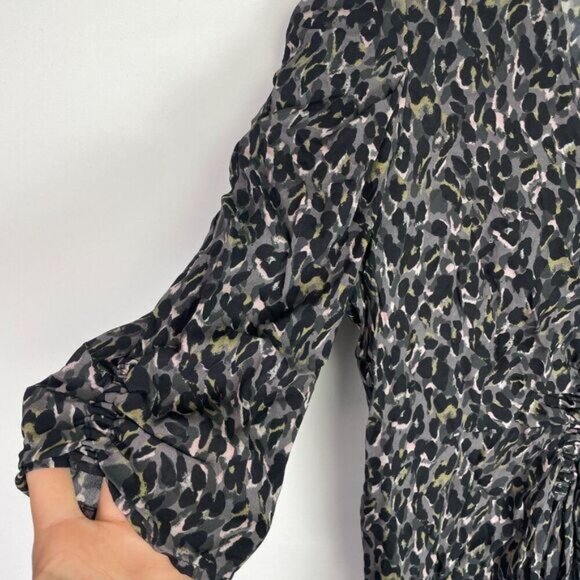All Saints Josephine Waterleo Ruched Leopard Print Dress Khaki Green US 4 - Picture 6 of 8